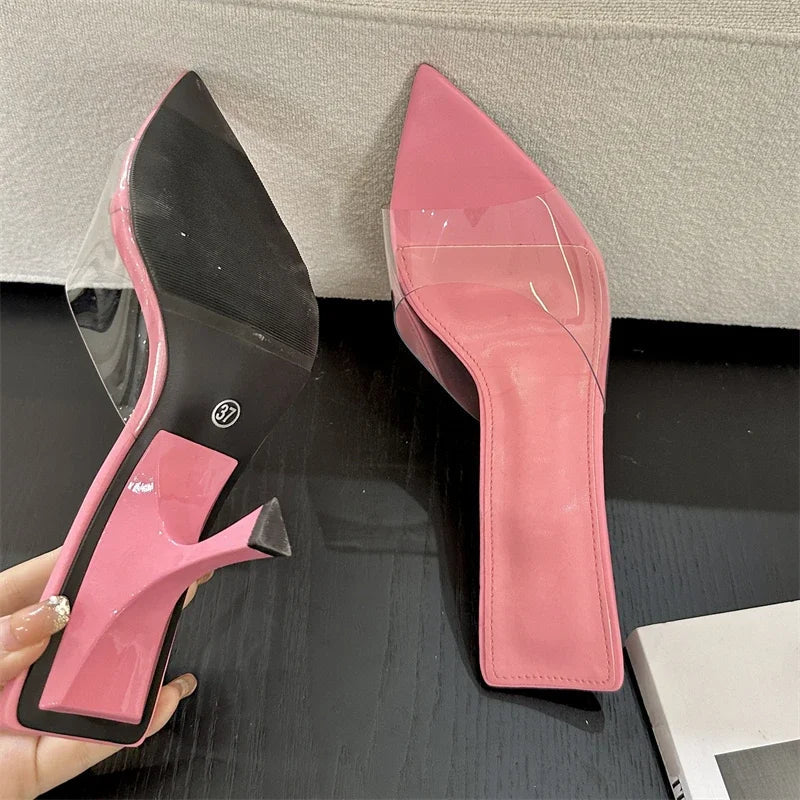 Summer Street Style Pvc Transparent Highs Pointed Toe Slippers Party Shoes Low Heel Pumps