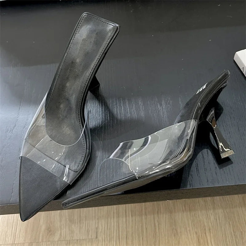 Summer Street Style Pvc Transparent Highs Pointed Toe Slippers Party Shoes Low Heel Pumps