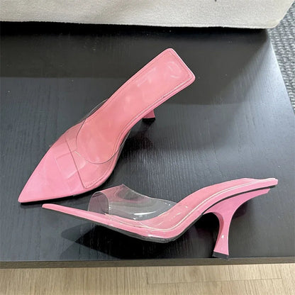 Summer Street Style Pvc Transparent Highs Pointed Toe Slippers Party Shoes Low Heel Pumps
