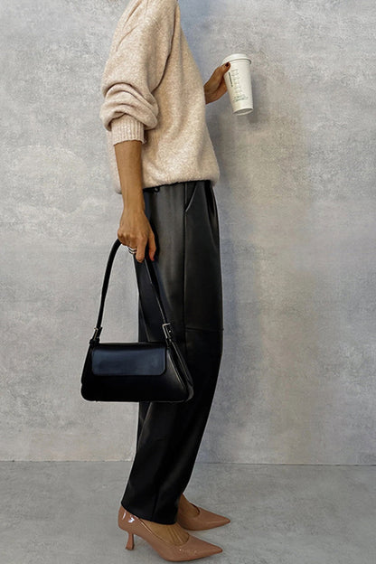Elastic Waist Straight Pu Pants