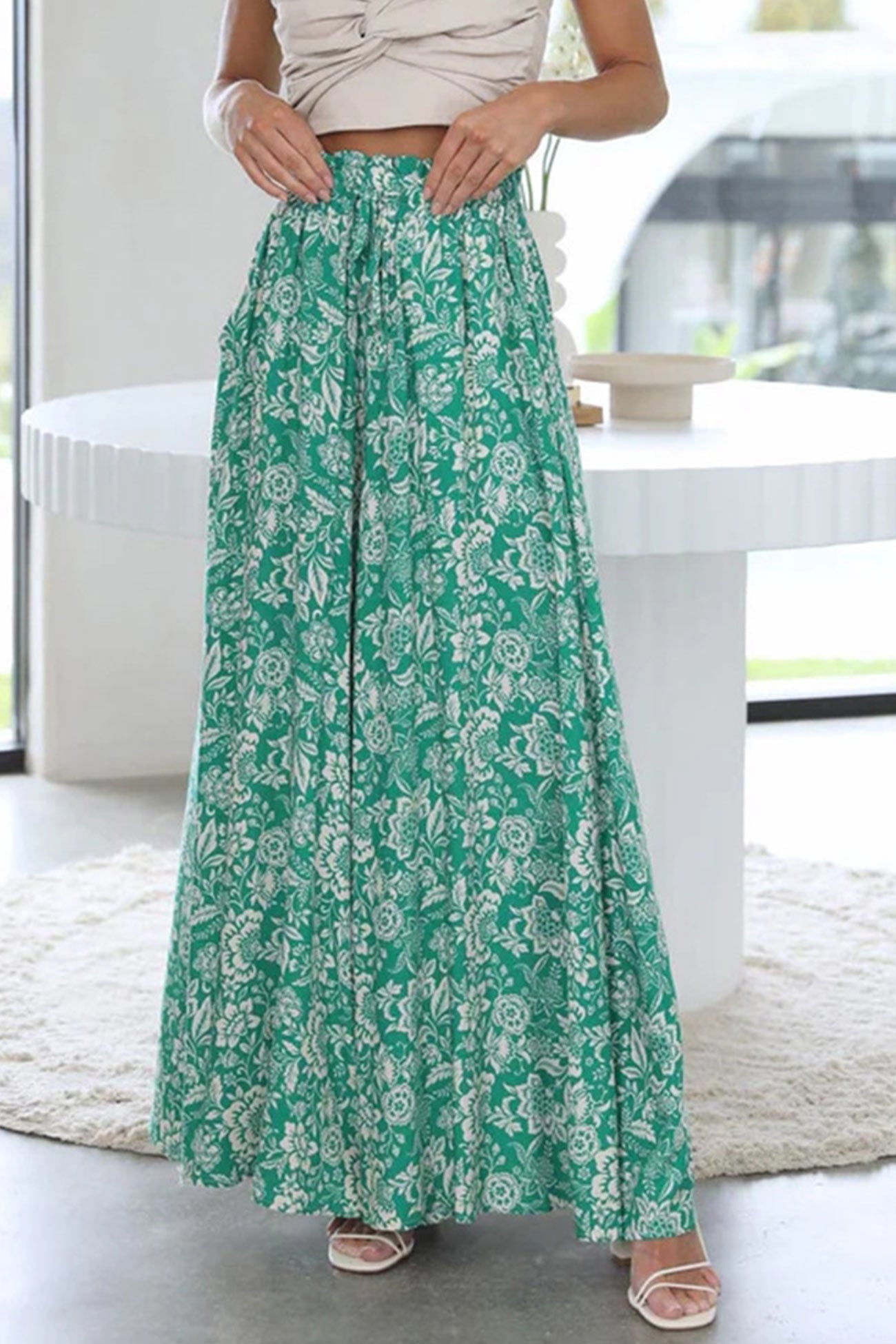 Elastic Waist Wide Leg Long Pants