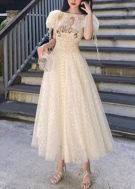 Apricot Ruffled Elastic Waist Tulle Long Dresses Summer Kk028