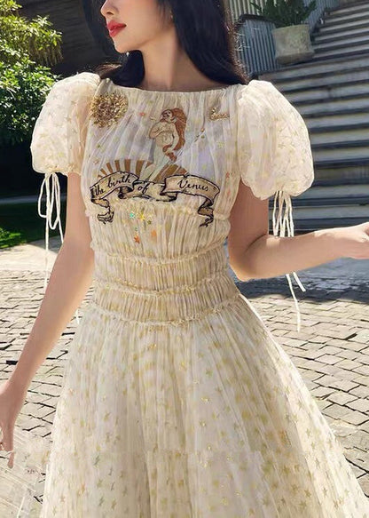 Apricot Ruffled Elastic Waist Tulle Long Dresses Summer Kk028