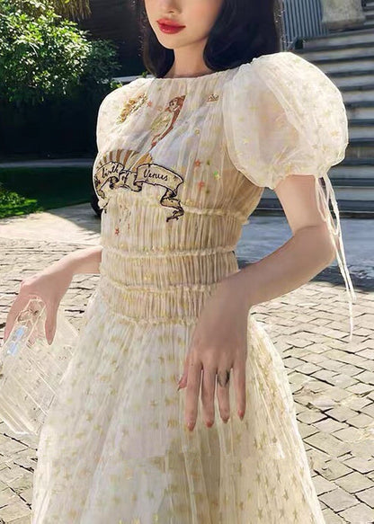 Apricot Ruffled Elastic Waist Tulle Long Dresses Summer Kk028