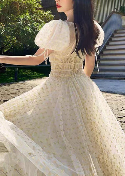 Apricot Ruffled Elastic Waist Tulle Long Dresses Summer Kk028