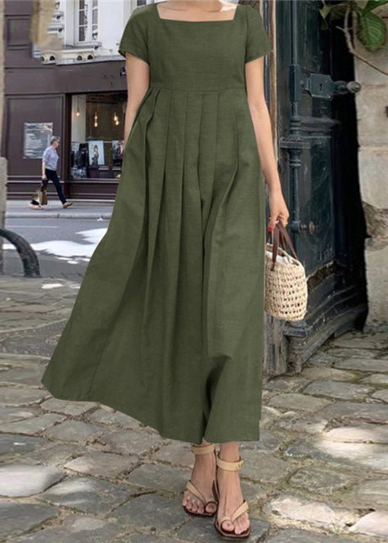 Apricot Square Collar Wrinkled Cotton Long Dress Summer Ff031
