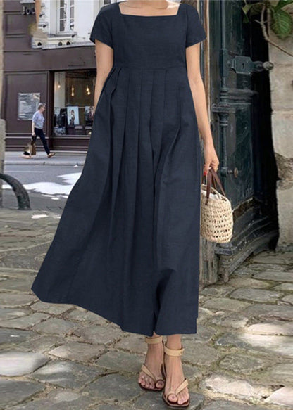 Apricot Square Collar Wrinkled Cotton Long Dress Summer Ff031