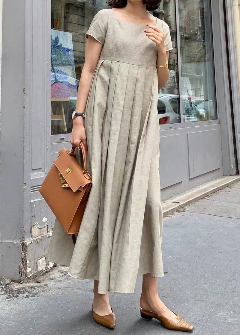 Apricot Square Collar Wrinkled Cotton Long Dress Summer Ff031
