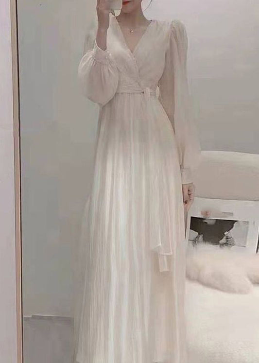 Apricot V Neck Tie Waist Chiffon Long Dress Spring Ti1016