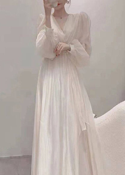 Apricot V Neck Tie Waist Chiffon Long Dress Spring Ti1016