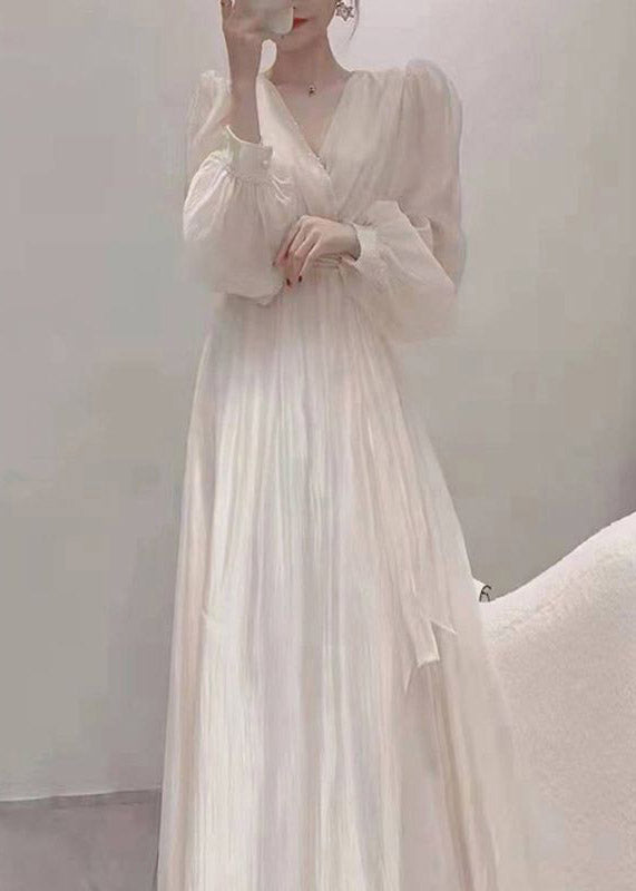 Apricot V Neck Tie Waist Chiffon Long Dress Spring Ti1016