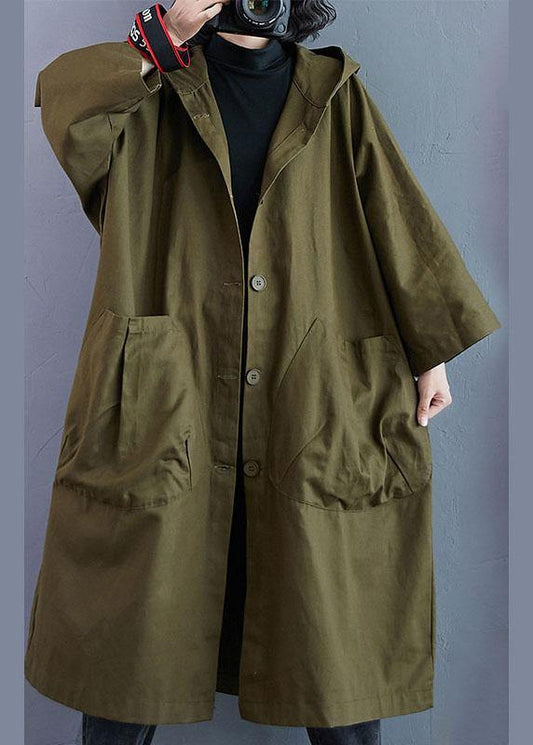 Army Green Pockets Button Fall Hooded Long Sleeve Trench Coats Qs061