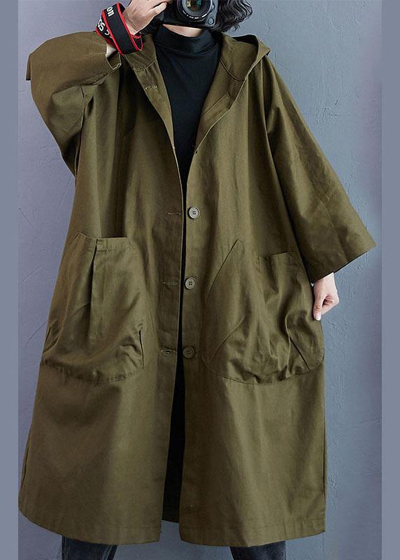 Army Green Pockets Button Fall Hooded Long Sleeve Trench Coats Qs061