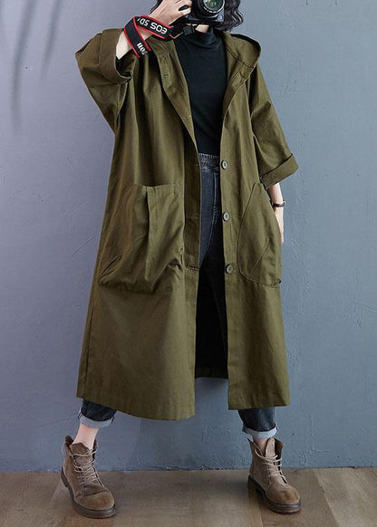 Army Green Pockets Button Fall Hooded Long Sleeve Trench Coats Qs061