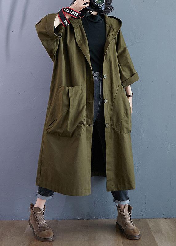 Army Green Pockets Button Fall Hooded Long Sleeve Trench Coats Qs061