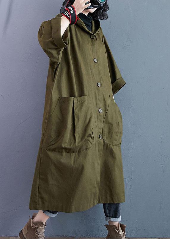 Army Green Pockets Button Fall Hooded Long Sleeve Trench Coats Qs061