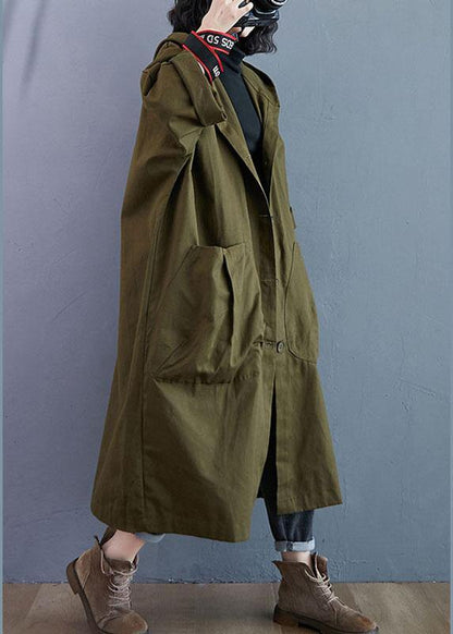 Army Green Pockets Button Fall Hooded Long Sleeve Trench Coats Qs061