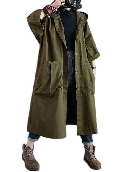 Army Green Pockets Button Fall Hooded Long Sleeve Trench Coats Qs061