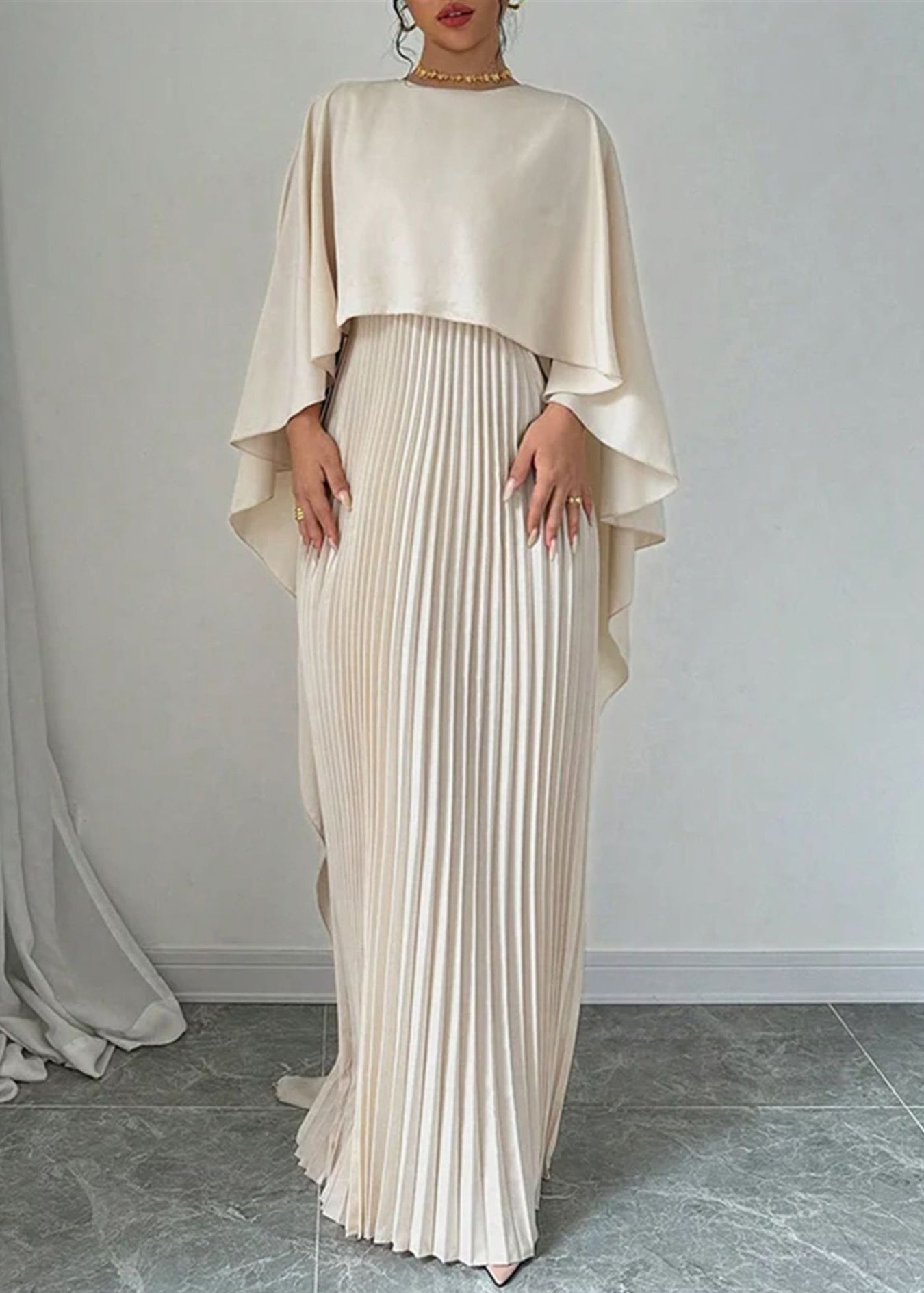 Long Dress Beige Sleeve Patchwork Asymmetrical Batwing