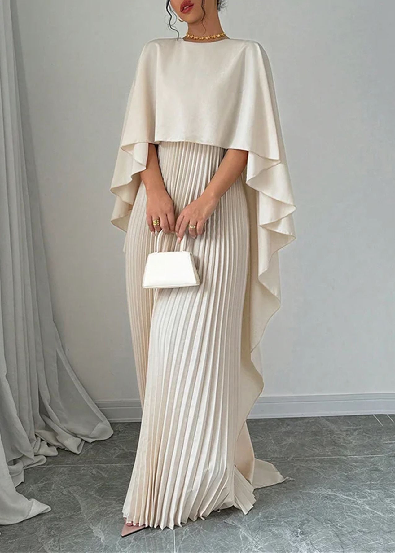 Long Dress Beige Sleeve Patchwork Asymmetrical Batwing