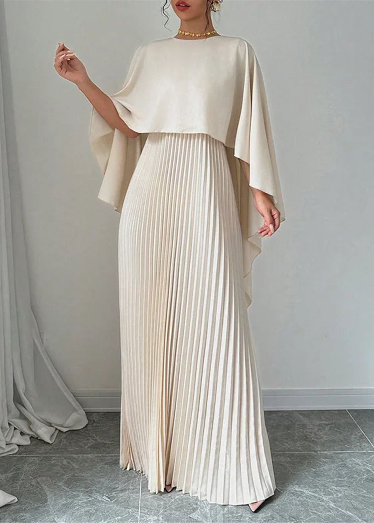 Long Dress Beige Sleeve Patchwork Asymmetrical Batwing