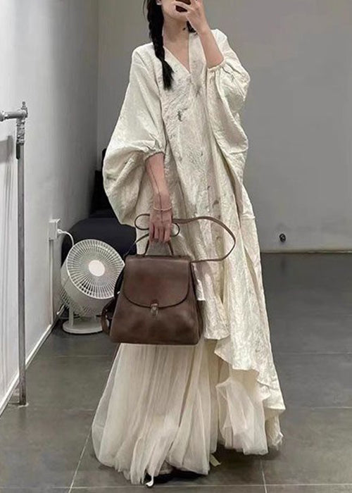 Beige Asymmetrical Tulle Patchwork Maxi Dress Lantern Sleeve Xx095