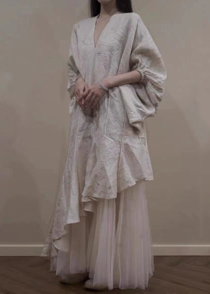 Beige Asymmetrical Tulle Patchwork Maxi Dress Lantern Sleeve Xx095