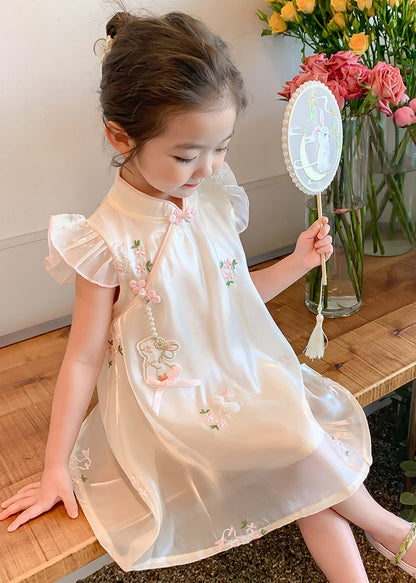 Beige Embroideried Button Tulle Long Dresses Summer Mn014