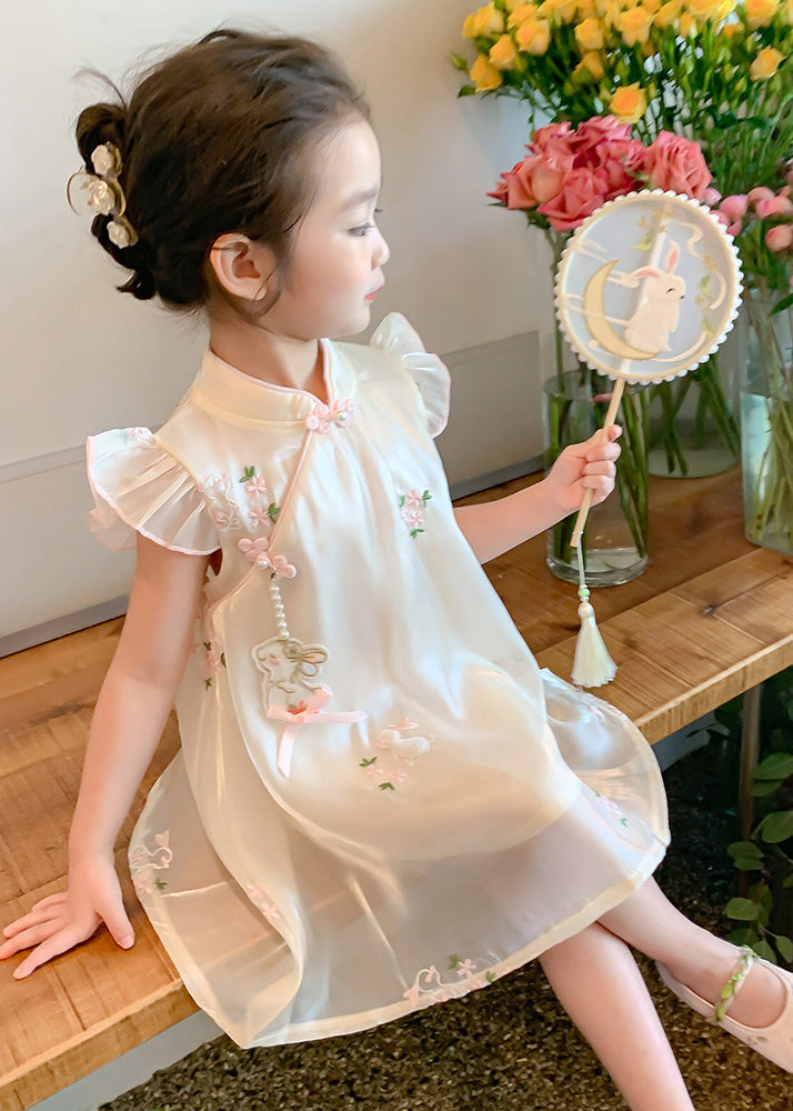 Beige Embroideried Button Tulle Long Dresses Summer Mn014