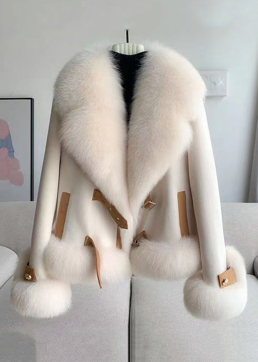 Beige Fur Collar Patchwork Woolen Coat Winter Rz035
