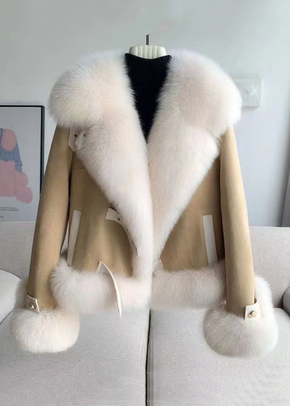 Beige Fur Collar Patchwork Woolen Coat Winter Rz035