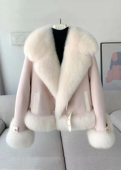 Beige Fur Collar Patchwork Woolen Coat Winter Rz035
