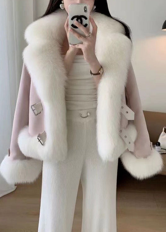 Beige Fur Collar Patchwork Woolen Coat Winter Rz035