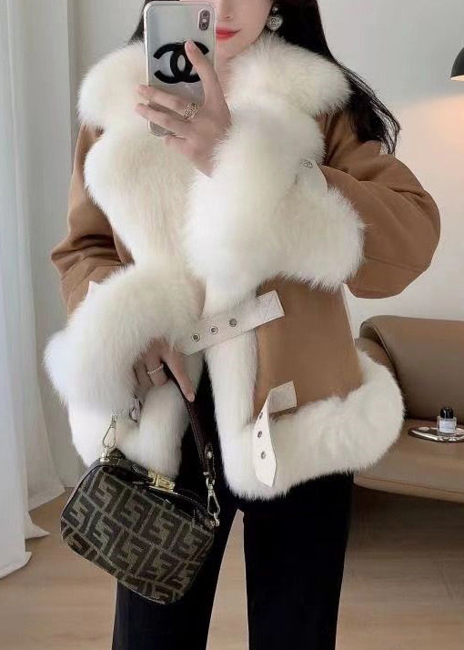 Beige Fur Collar Patchwork Woolen Coat Winter Rz035