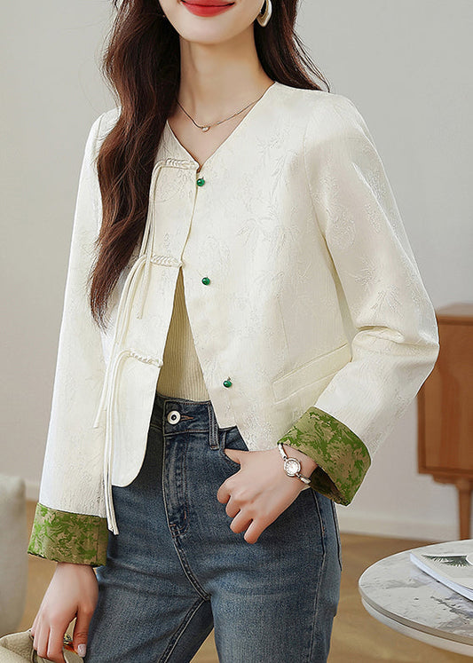Beige O Neck Print Button Silk Coats Fall Qo009