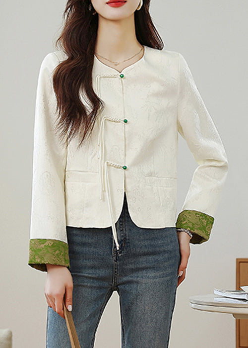 Beige O Neck Print Button Silk Coats Fall Qo009