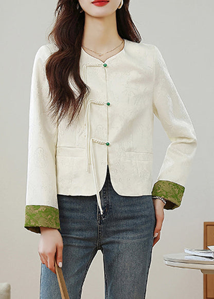 Beige O Neck Print Button Silk Coats Fall Qo009