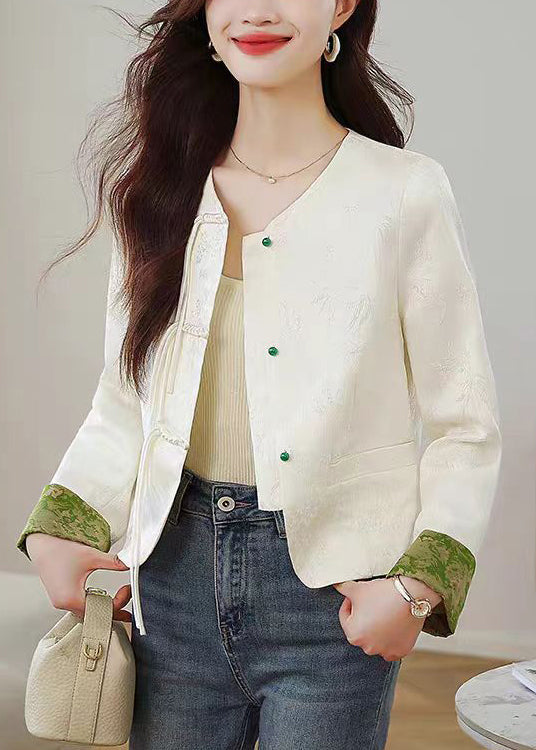 Beige O Neck Print Button Silk Coats Fall Qo009