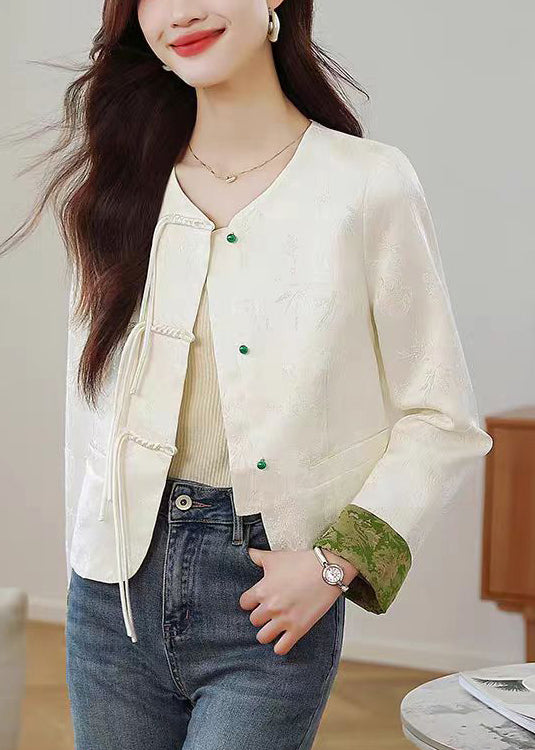 Beige O Neck Print Button Silk Coats Fall Qo009