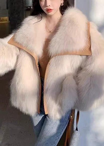 Beige Peter Pan Collar Button Leather and Fur Coats Spring Yw034