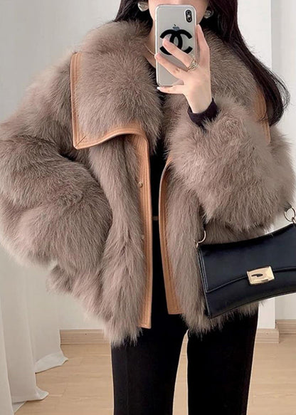Beige Peter Pan Collar Button Leather and Fur Coats Spring Yw034