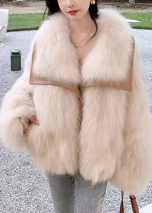 Beige Peter Pan Collar Button Leather and Fur Coats Spring Yw034