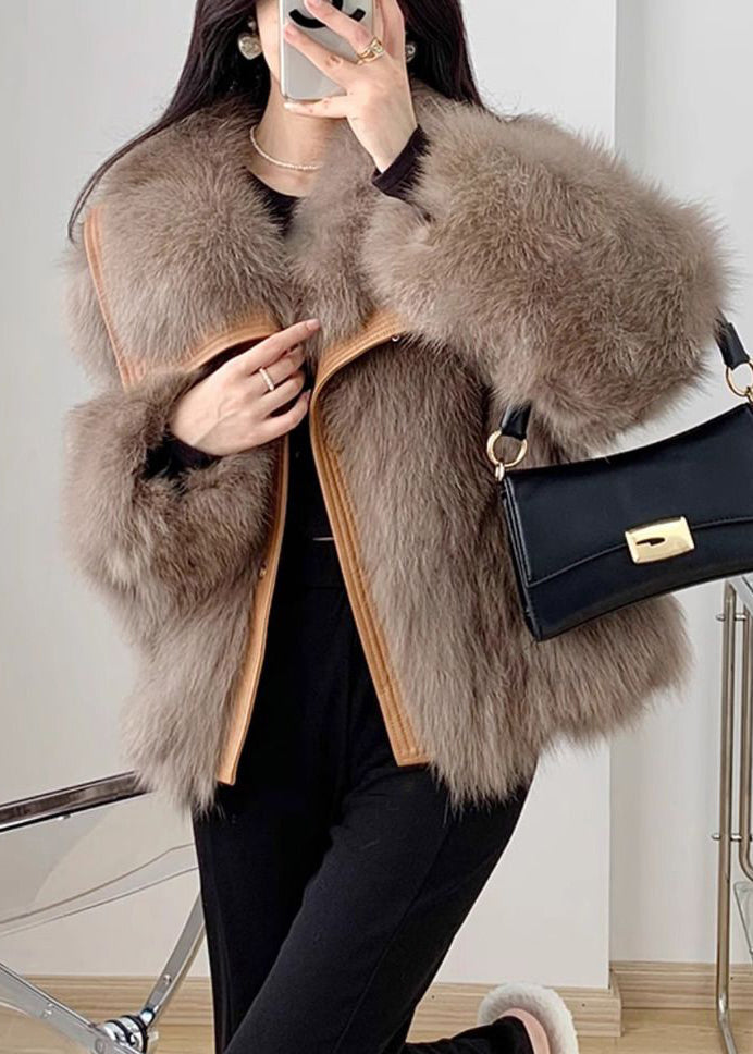 Beige Peter Pan Collar Button Leather and Fur Coats Spring Yw034