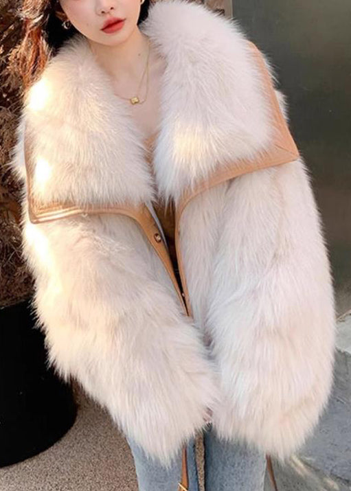 Beige Peter Pan Collar Button Leather and Fur Coats Spring Yw034