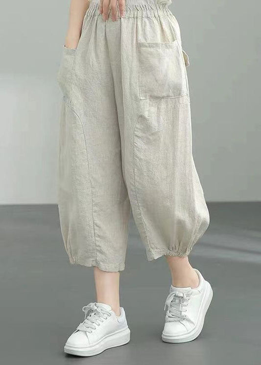Beige Pockets Patchwork Linen Lantern Pants Summer Ly0594