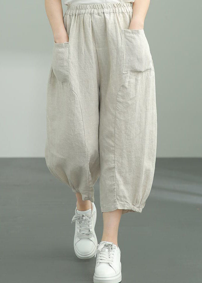 Beige Pockets Patchwork Linen Lantern Pants Summer Ly0594