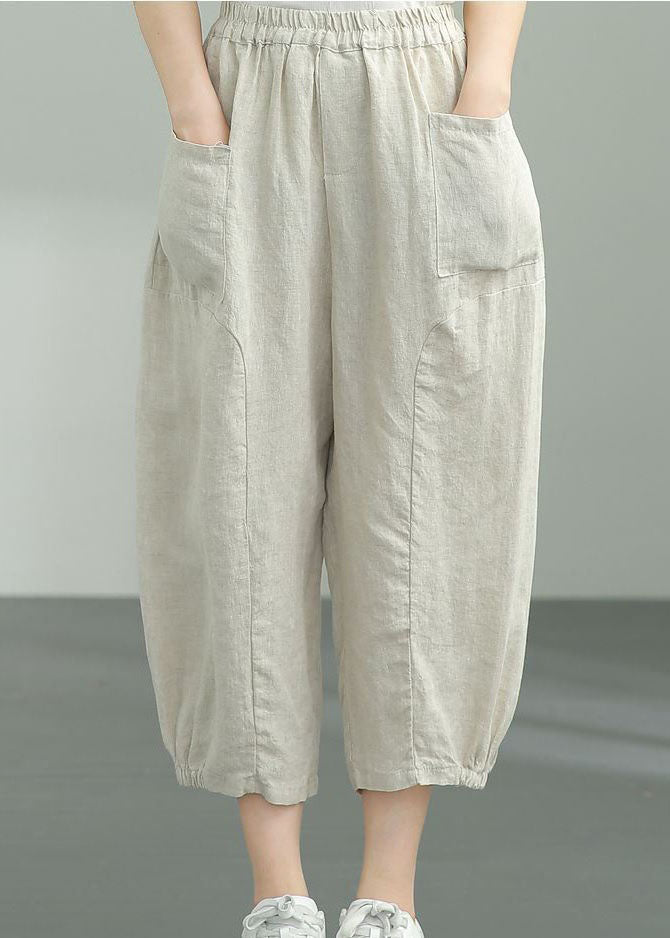 Beige Pockets Patchwork Linen Lantern Pants Summer Ly0594