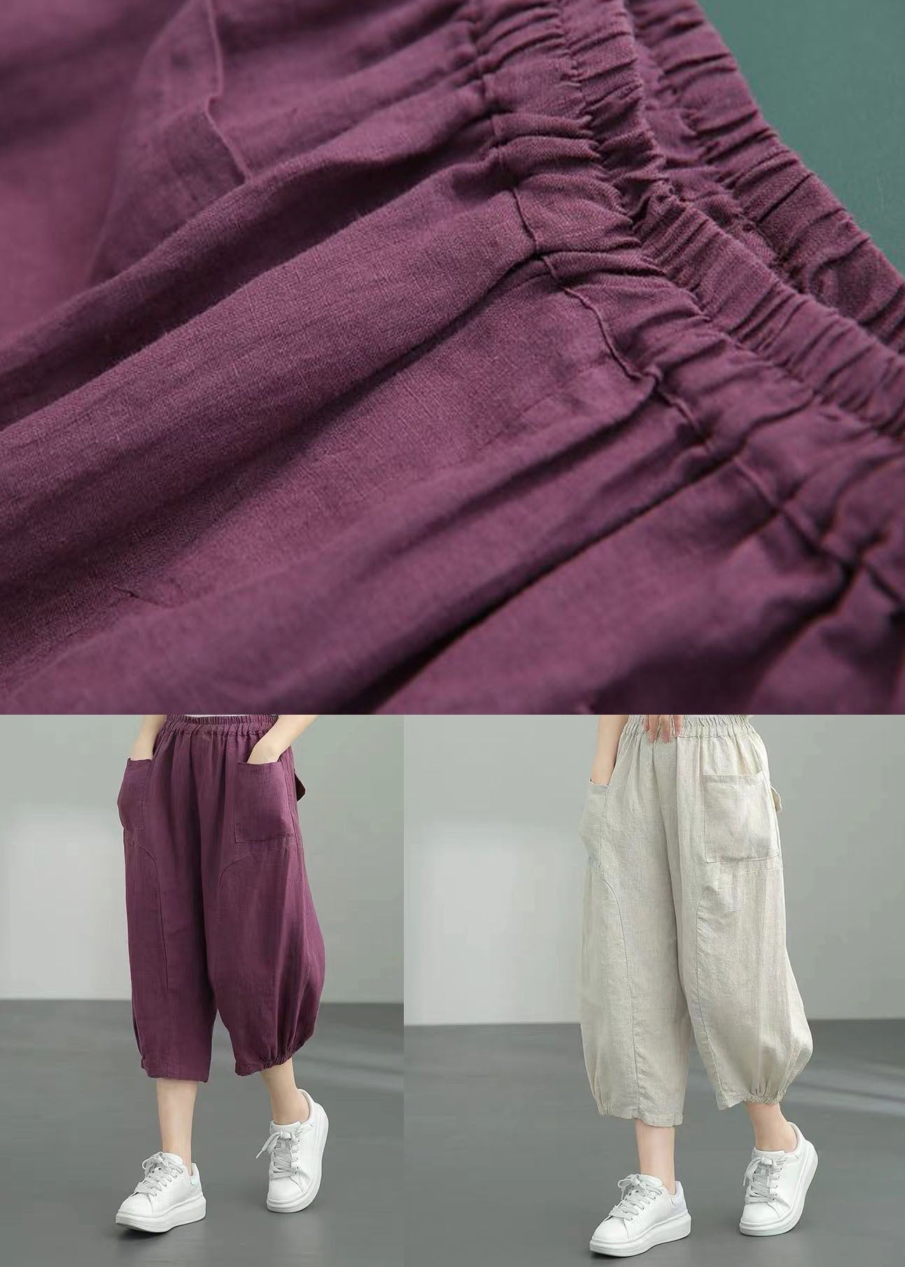 Beige Pockets Patchwork Linen Lantern Pants Summer Ly0594