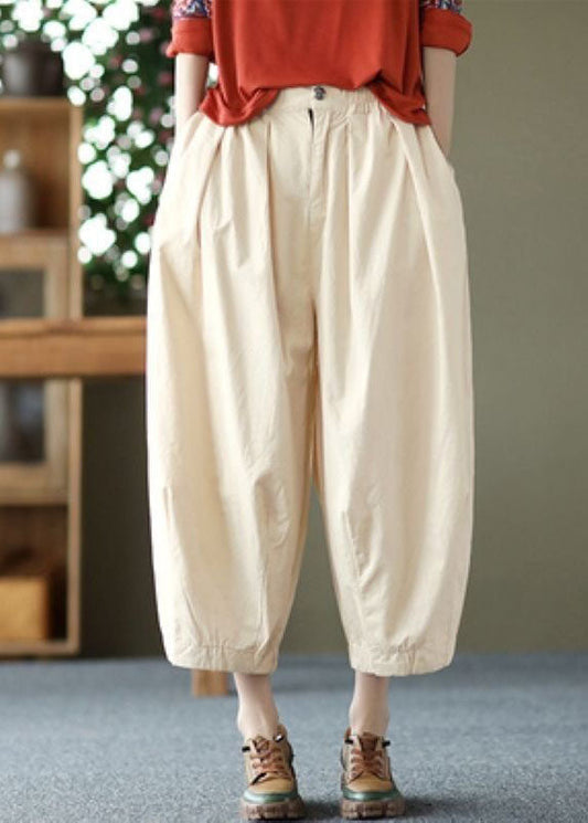 Beige Pockets Wrinkled Patchwork Linen Crop Pants Summer Ly0621