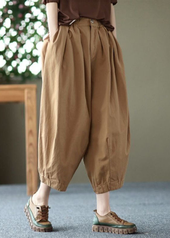 Beige Pockets Wrinkled Patchwork Linen Crop Pants Summer Ly0621